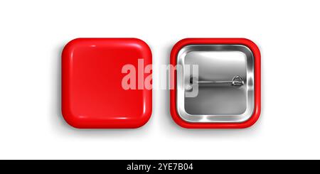 3d red pin button. Round square badge mockup icon. Blank glossy plastic souvenir label isolated. Realistic metal sign for name or product promotion design. Emblem template render for merchandise Stock Vector