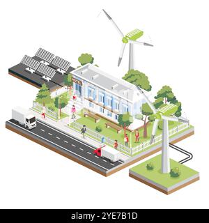 Isometric hotel in classical style with columns. Solar panels and wind turbines. Small hotel building facade. Vector illustration. Trees and benches. Stock Vector