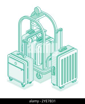 Isometric trolley cart with luggage and suitcases. Hotel equipment. Vector illustration. Object isolated on white. Hotel reception and room service. Stock Vector