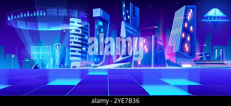 Futuristic metropolis with blue and violet neon lights. Glass skyscrapers in night downtown. Cartoon vector metaverse tech urban landscape with glowing holographic displays and digital grid floor. Stock Vector