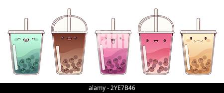 Kawaii bubble tea cups set isolated on white background. Contemporary vector cartoon illustration of fruit, milk, chocolate drink with chewy balls, beverage mascot with cute smile, cafe menu icon Stock Vector