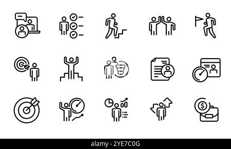 career step target goal icon set line stoke outline illustration interview selection hiring employee salary performance review human resources Stock Vector