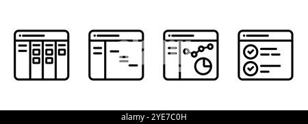 Project management software icon set stroke outline illustration symbol of kanban board gantt chart layout interface Stock Vector