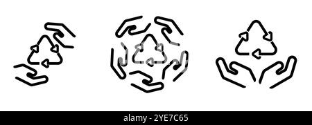Recycling icon set illustration line outline stroke symbol of community garbage waste management service hand taking care trash recycle triangle logo Stock Vector