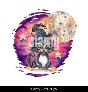 A black kitten in a witch's hat with big eyes sits at night with the moon and stars shining. Cat isolated from background. Witch's mystical familiar, Stock Photo