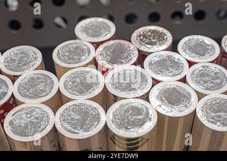 rolls of gift wrapping paper in a supermarket. Preparing for the holidays and Christmas Stock Photo