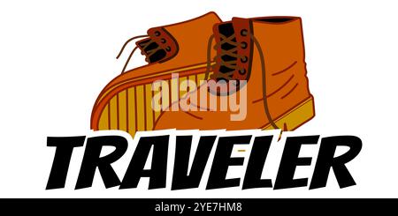 old leather boots doodle style with traveler word on white background, no people. Stock Vector