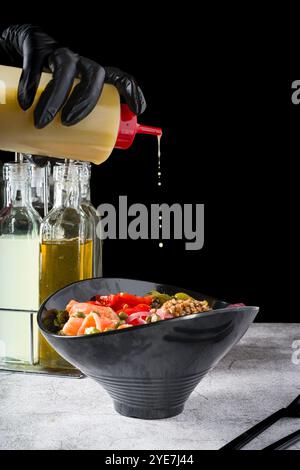 Buckwheat salad with capers, salmon and pickles. Healthy eating concept Stock Photo