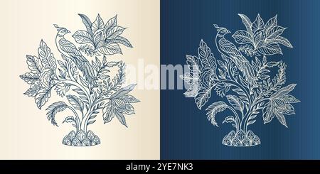 Bird sits on a branch.Mughal decorative ornamental floral. Vintage intricate traditional mughal style with flowers and foliage. Stock Vector