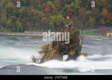 The beautiful Swiss Rhine Falls seen during the fall time. Stock Photo