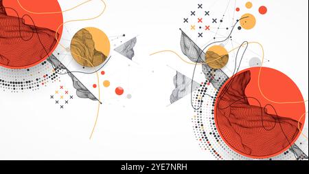 The abstract wave is made in a frame style with half tone element. Template for science and technology presentation. Hand drawn vector art. Stock Vector