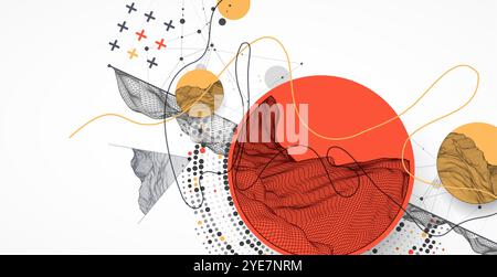 The abstract wave is made in a frame style with half tone element. Template for science and technology presentation. Hand drawn vector art. Stock Vector