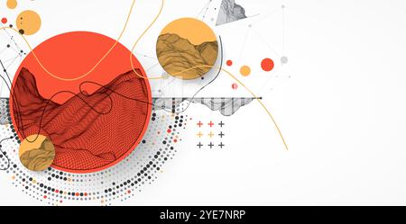 The abstract wave is made in a frame style with half tone element. Template for science and technology presentation. Hand drawn vector art. Stock Vector