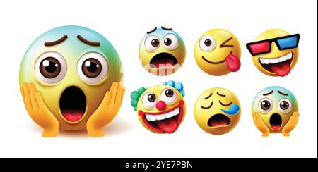 Emoji shock emoticon character vector set. Emojis shock, surprise and amazed graphic elements with emoticons afraid, naughty, cool, clown, sneezing Stock Vector