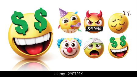 Emoji rich emoticon character vector set. Emojis wealth and prosperous yellow emoticons with birthday clown, devil, sleepy, clown and sick facial Stock Vector