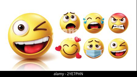 Emoji winking face character vector set. Emojis wink, blink and cute face emoticon with shock, crying, angry, in love, sick and winking facial Stock Vector