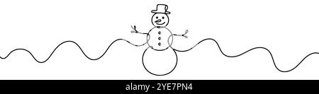One continuous line illustration of a snowman, isolated on white background. Line art of a snowman Stock Vector