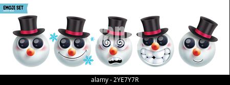 Emoji snowman christmas emoticon characters vector set. Emojis xmas character in happy, funny, naughty, smiling, dizzy, inspired and cute face round Stock Vector