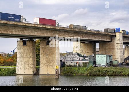 The Berlin Bridge, motorway A59, over the Duisburg port area, 1.8 km long, has a remaining useful life until 2029, due to various damages, such as hai Stock Photo