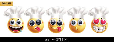 Emoji chef emoticon characters vector set. Emojis cook profession character in hungry, thirsty, silly, excited, in love, shy and happy facial Stock Vector