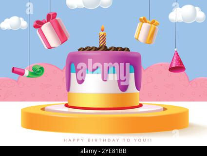 Birthday podium vector template design. Happy birthday cake in podium stage with hanging party elements in pink paper cut and blue sky background. Stock Vector