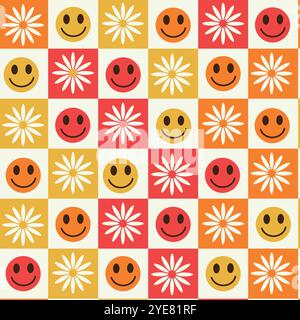 Checkered smiley happy faces in red, orange and yellow with white daisies seamless pattern. For stationary, fabric and wrapping paper Stock Vector