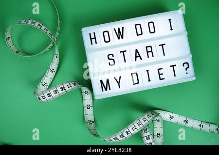 How do i start my diet? letterboard text on LED Lightbox and Measuring tape on green background, Healthcare concept Stock Photo