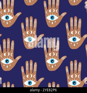 Hamsa Hand with evil blue eye and moon phases seamless pattern on dark blue background. For textile, fabric and wallpaper Stock Vector