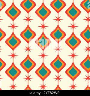 Mid century ogee ovals with atomic starbursts seamless pattern in orange, teal and red. For wallpaper, home décor and textile Stock Vector