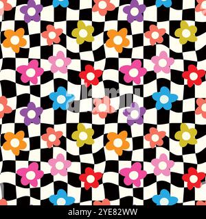 Checkered Hippie Colorful flowers on black and white warped checkerboards seamless pattern. For wrapping paper, textile and fabric Stock Vector