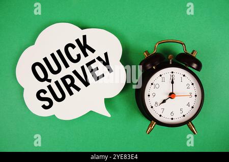 Quick Survey text on speech bubble with alarm clock on green background Stock Photo