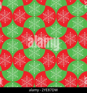 Christmas white snowflakes on green and red scallop shapes seamless pattern. For wrapping paper, textile and fabric Stock Vector