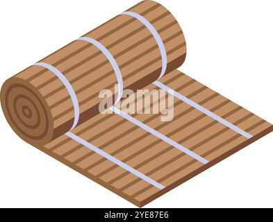 Rolled mat unrolling, showcasing a wooden texture, presented in an isometric view Stock Vector