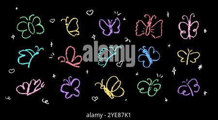 Set of butterflies drawing by pastel or charcoal pencil. Colorful chalk line butterfly simple element on black chalkboard background. Like children's Stock Vector