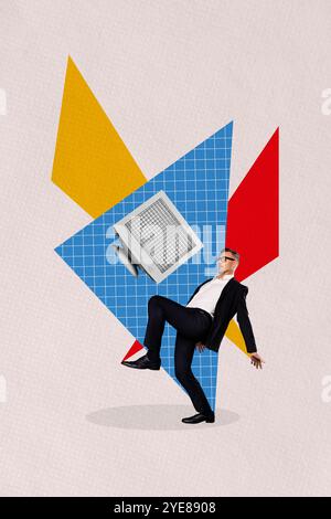 Vertical photo collage of serious man employee push broke monitor device pc screen freelancer worker isolated on painted background Stock Photo