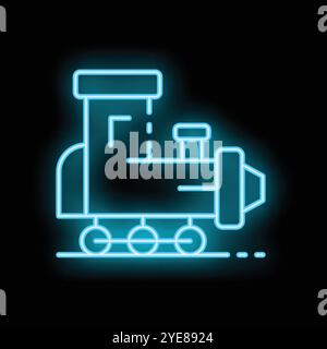 Blue neon icon of a train glowing against a dark background Stock Vector