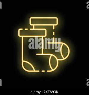 Yellow neon sign of a pair of socks hanging on a wall with a black background, perfect for laundry or clothing related designs Stock Vector