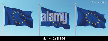 Set of three flags of European Union waving on flagpoles with a vibrant blue sky backdrop. Stock Vector
