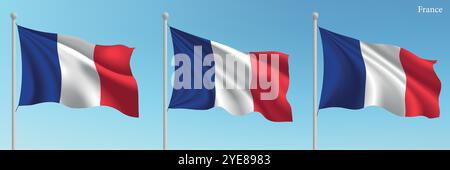Set of three flags of France waving on flagpoles with a vibrant blue sky backdrop. Stock Vector