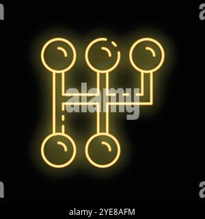 Yellow glowing neon icon of a manual transmission gear stick, isolated vector illustration on a black background Stock Vector