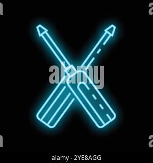 Blue neon icon of two crossed screwdrivers glowing on dark background, representing technical support and repair service Stock Vector