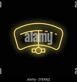 Neon icon of car speedometer glowing yellow on black background Stock Vector
