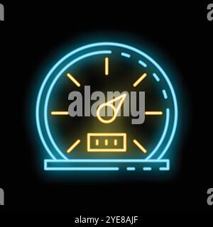 Glowing neon sign depicting a speedometer with its needle pointing towards the maximum speed limit, set against a dark backdrop Stock Vector