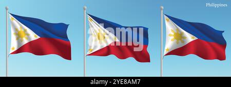 Set of three flags of Philippines waving on flagpoles with a vibrant blue sky backdrop. Stock Vector