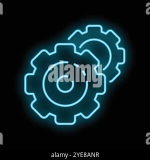 Neon sign depicting two gears turning together, representing teamwork and collaboration Stock Vector