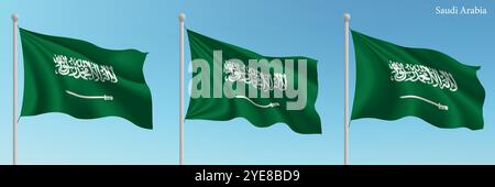 Set of three flags of Saudi Arabia waving on flagpoles with a vibrant blue sky backdrop. Stock Vector