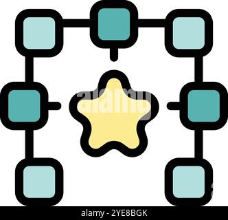 Blockchain network connecting multiple blocks around a star icon, representing a decentralized system Stock Vector