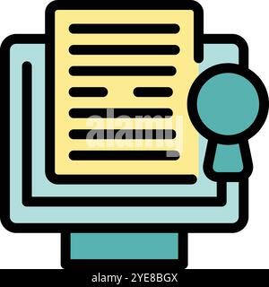 This vector illustration depicts the concept of online certification, featuring a computer screen showcasing a digital certificate alongside a symbolic badge Stock Vector