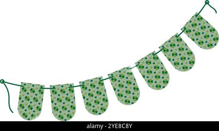 Rounded Festive Pennant garland on rope with quatrefoil clover and hearts in trendy monochrome green. Isolated Vector illustration St Patrick Greeting card, poster, leaflet, banner, label or web promo Stock Vector