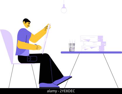 Man At Desk Working With Blueprints In Flat Vector Illustration Symbolizing Architecture, Design, And Engineering, Isolated On White Background Stock Vector